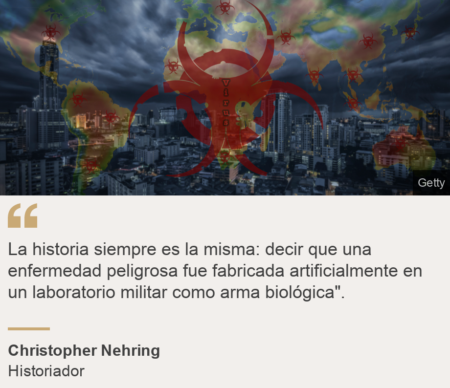 "La historia siempre es la misma: decir que una enfermedad peligrosa fue fabricada artificialmente en un laboratorio militar como arma biológica". ", Source: Christopher Nehring, Source description: Historiador , Image: Ilustración de una ciudad atacada por un virus. 