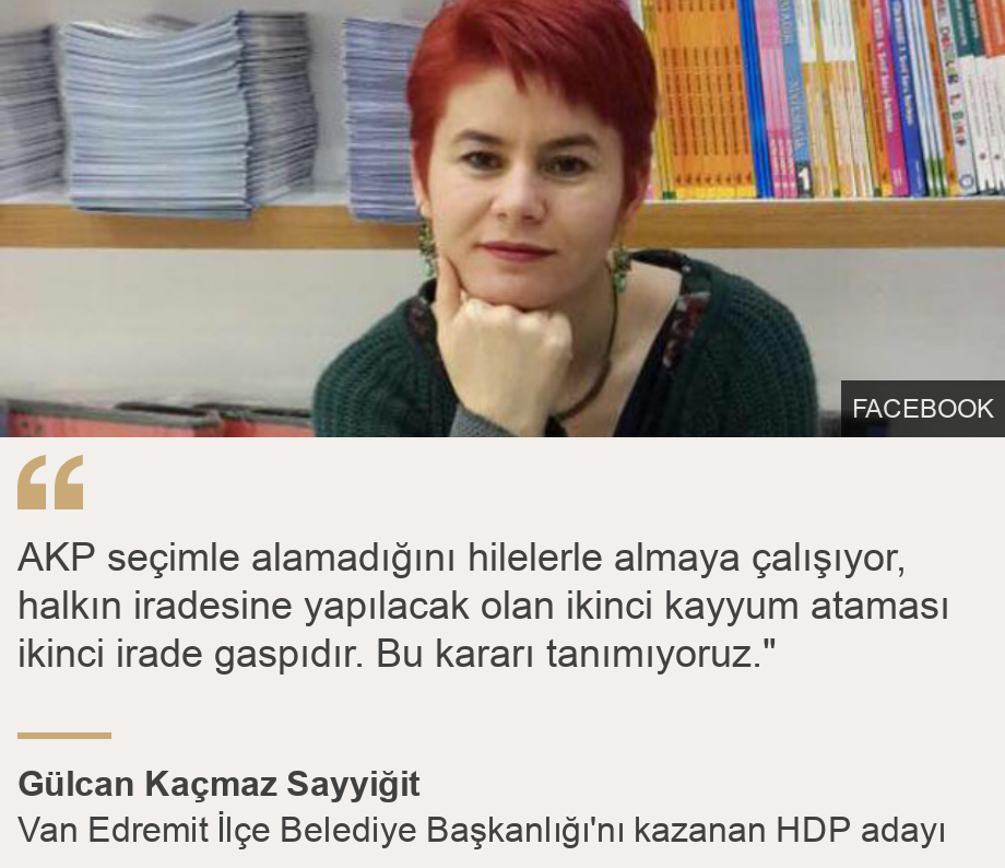 "AKP seçimle alamadığını hilelerle almaya çalışıyor, halkın iradesine yapılacak olan ikinci kayyum ataması ikinci irade gaspıdır. Bu kararı tanımıyoruz."", Source: Gülcan Kaçmaz Yiğit, Source description: Van Edremit İlçe Belediye Başkanlığı'nı kazanan HDP adayı, Image: Gulcan Kacmaz Yigit