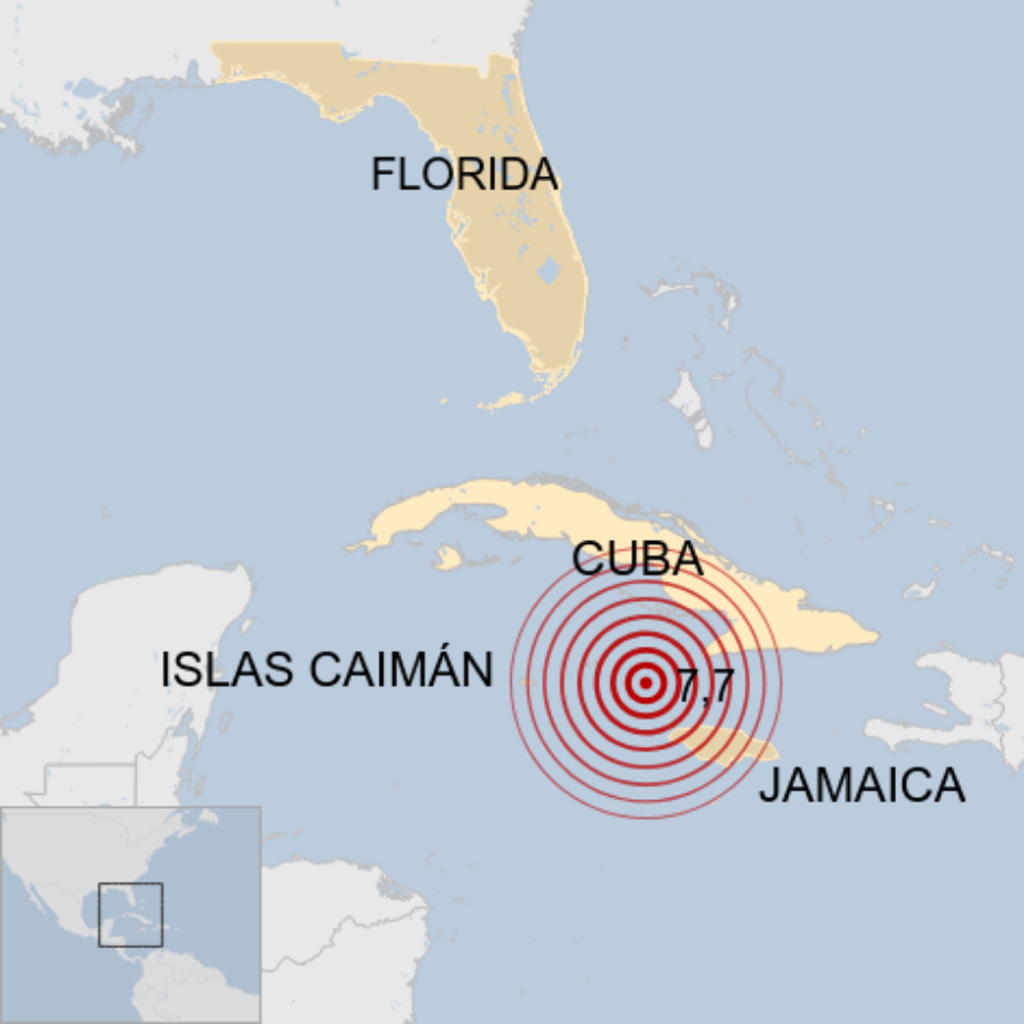 Map: Terremoto de 7,7 frente a Cuba y Jamaica. 