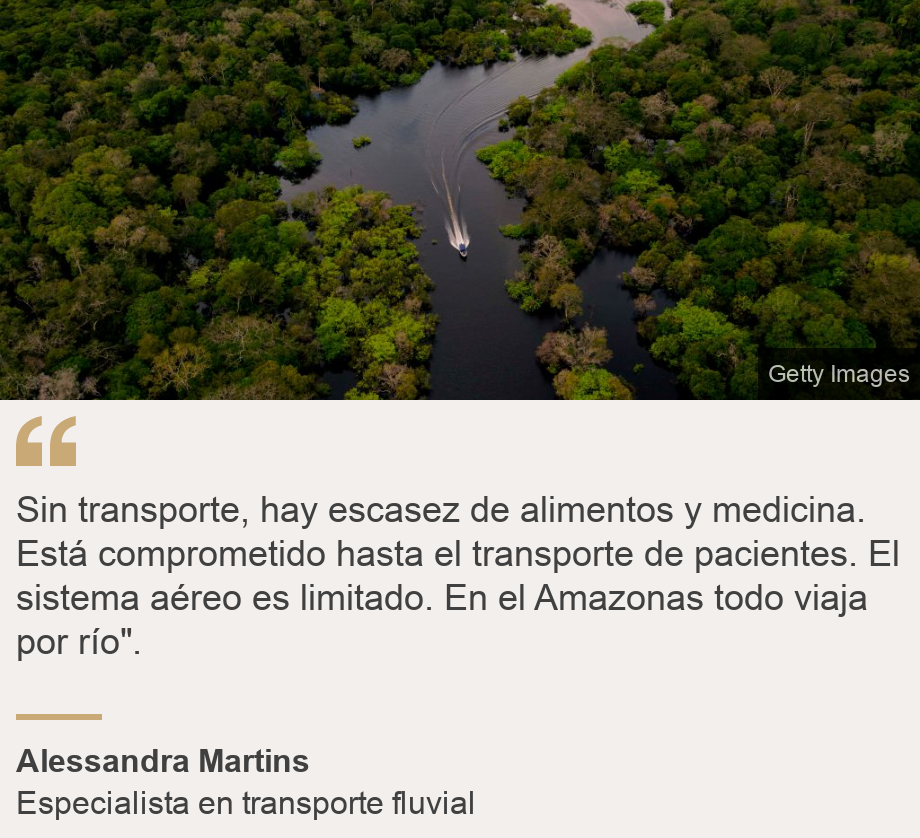 "Sin transporte, hay escasez de alimentos y medicina. Está comprometido hasta el transporte de pacientes. El sistema aéreo es limitado. En el Amazonas todo viaja por río". ", Source: Alessandra Martins , Source description: Especialista en transporte fluvial, Image: Barco por el Amazonas.