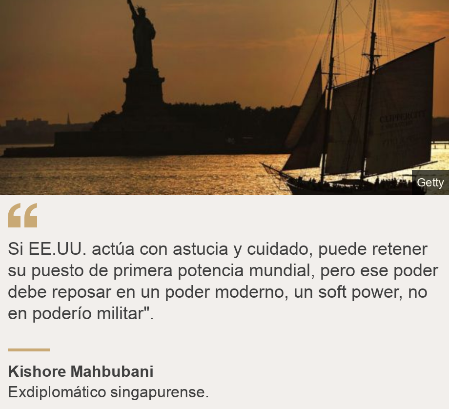 "Si EE.UU. actúa con astucia y cuidado, puede retener su puesto de primera potencia mundial, pero ese poder debe reposar en un poder moderno, un soft power, no en poderío militar".", Source: Kishore Mahbubani, Source description: Exdiplomático singapurense., Image: Estatua de la Libertad. 