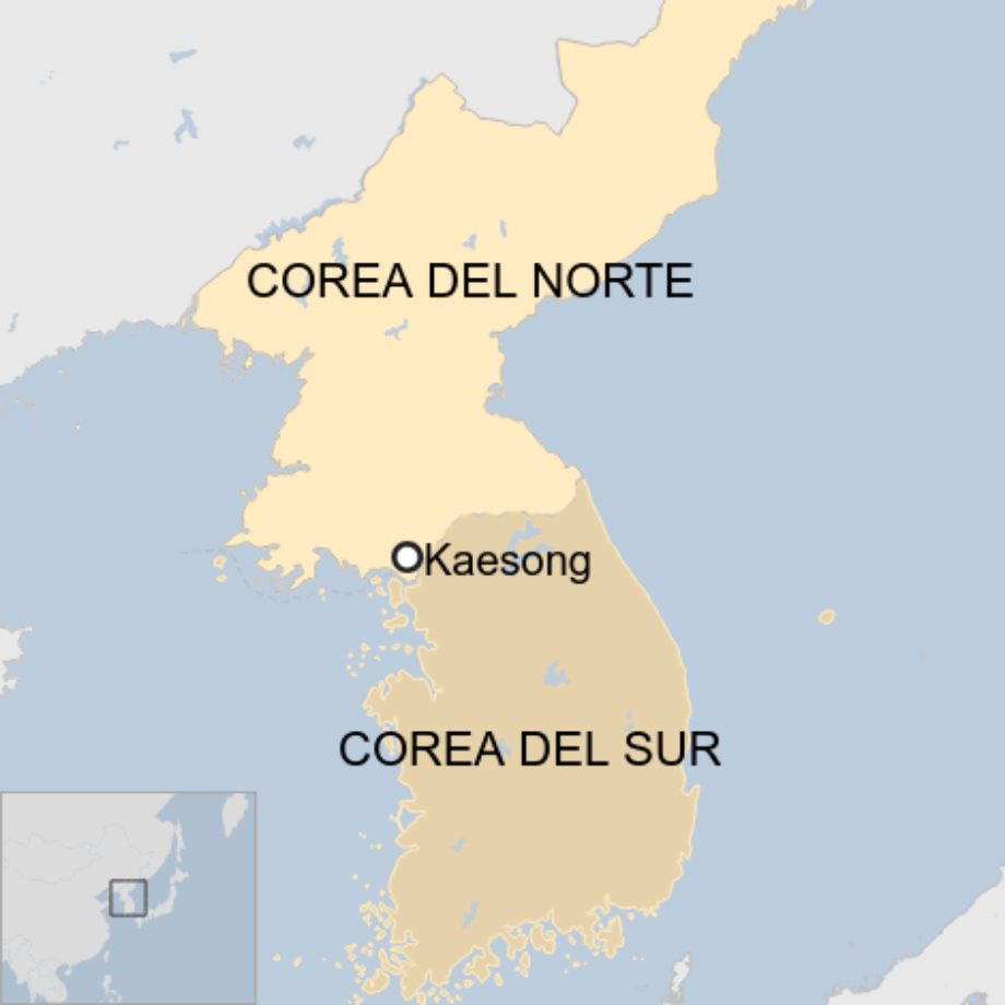 Map: Frontera entre Corea del Norte y Corea del Sur, con la ciudad de Kaesong marcada. 
