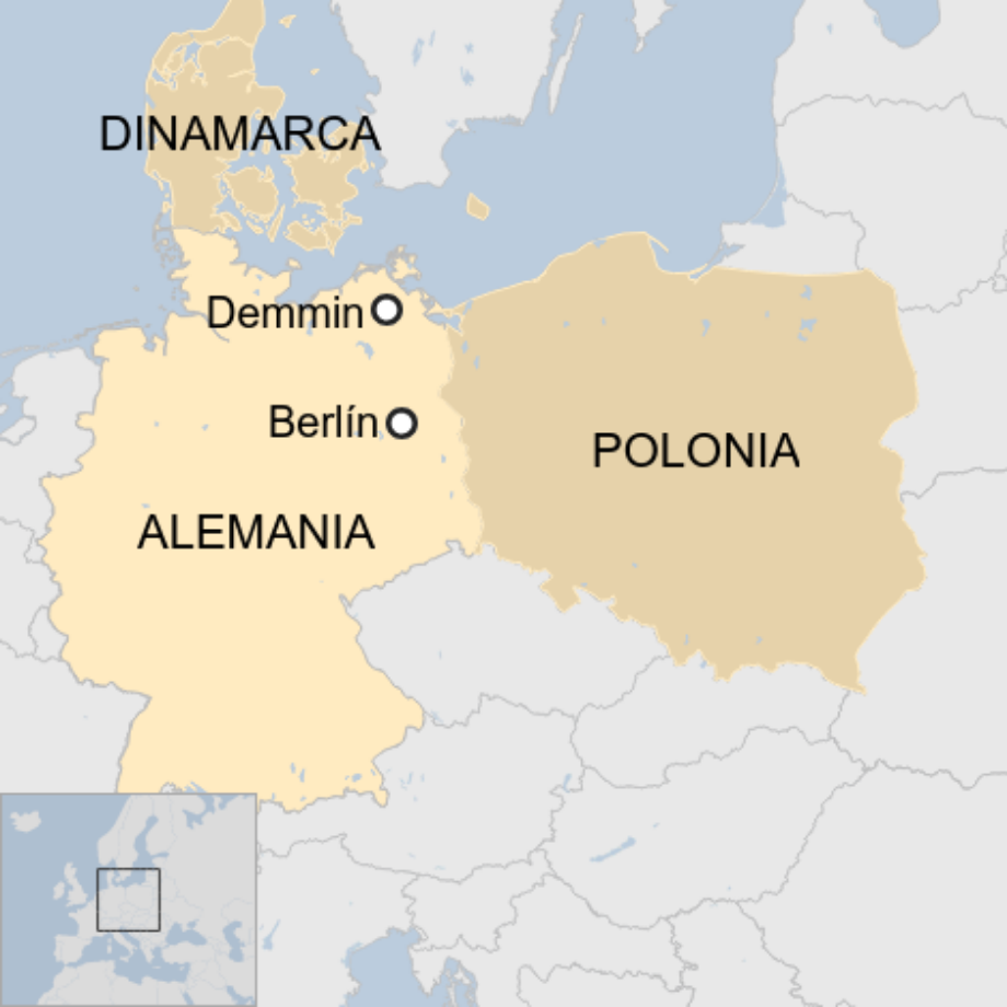Map: Mapa de Alemania que muestra la ubicación de Demmin y de Berlín.