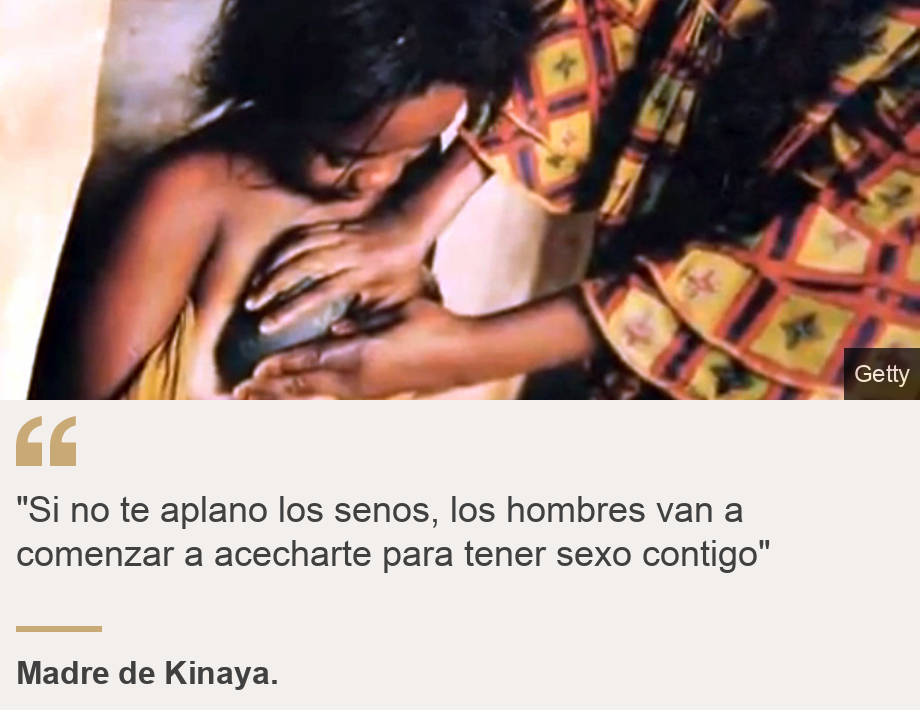 ""Si no te aplano los senos, los hombres van a comenzar a acecharte para tener sexo contigo" ", Source: Madre de Kinaya., Source description: , Image: Mujer aplana los senos de su hija.