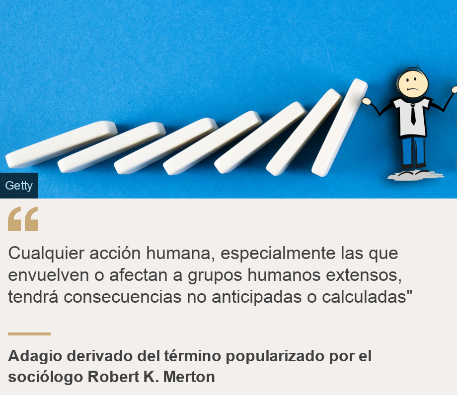 "Cualquier acción humana, especialmente las que envuelven o afectan a grupos humanos extensos, tendrá consecuencias no anticipadas o calculadas"", Source: Adagio derivado del término popularizado por el sociólogo Robert K. Merton, Source description: , Image: 