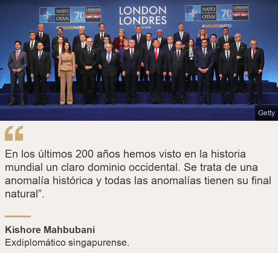 "En los últimos 200 años hemos visto en la historia mundial un claro dominio occidental. Se trata de una anomalía histórica y todas las anomalías tienen su final natural”.", Source: Kishore Mahbubani, Source description: Exdiplomático singapurense., Image: Mandatarios occidentales. 