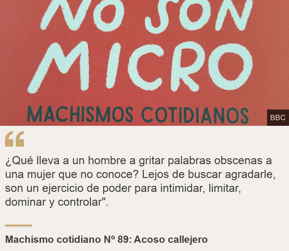 "¿Qué lleva a un hombre a gritar palabras obscenas a una mujer que no conoce? Lejos de buscar agradarle, son un ejercicio de poder para intimidar, limitar, dominar y controlar".", Source: Machismo cotidiano Nº 89: Acoso callejero, Source description: , Image: 