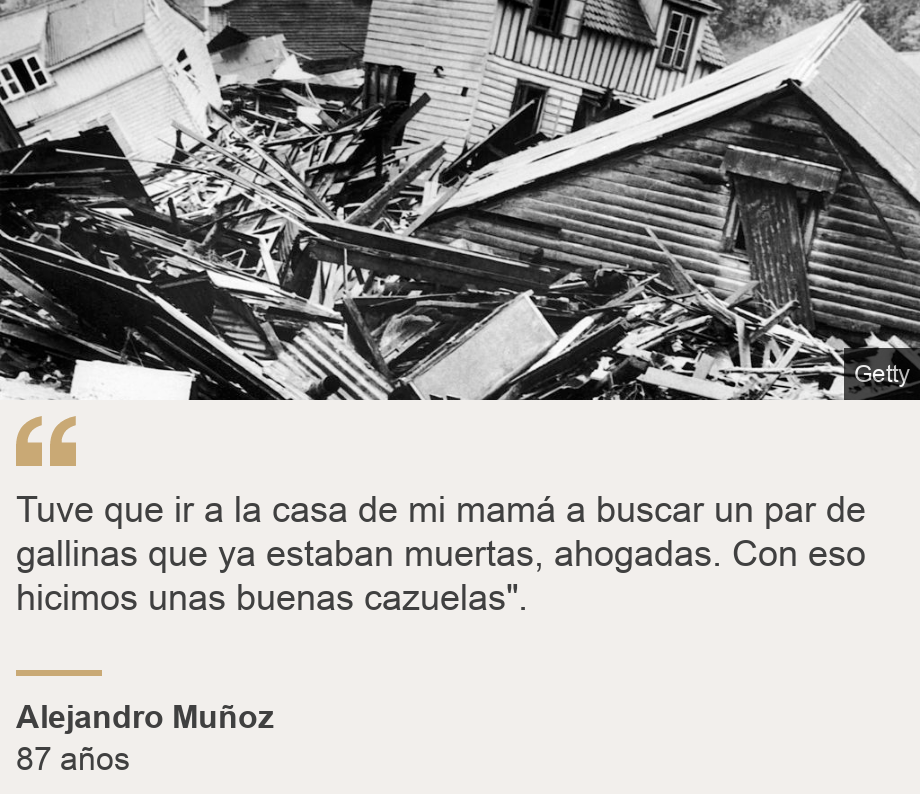 "Tuve que ir a la casa de mi mamá a buscar un par de gallinas que ya estaban muertas, ahogadas. Con eso hicimos unas buenas cazuelas".", Source: Alejandro Muñoz, Source description: 87 años, Image: Casas destruidas.