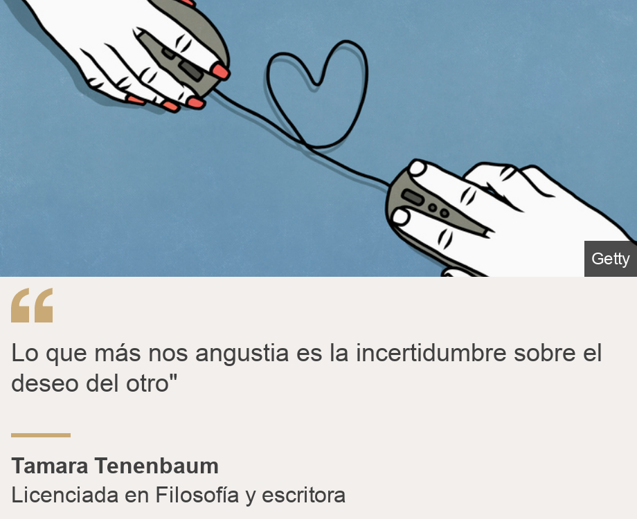 "Lo que más nos angustia es la incertidumbre sobre el deseo del otro"", Source: Tamara Tenenbaum, Source description: Licenciada en Filosofía y escritora, Image: Dibujo de dos manos con un mouse y un cable que froma un corazón