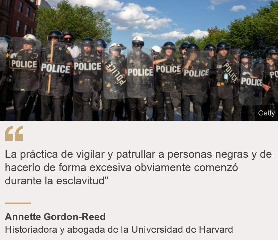 "La práctica de vigilar y patrullar a personas negras y de hacerlo de forma excesiva obviamente comenzó durante la esclavitud"", Source: Annette Gordon-Reed, Source description: Historiadora y abogada de la Universidad de Harvard, Image: 