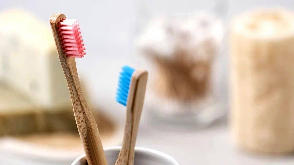 Foto de duas escovas de dentes de bambu, uma com as cerdas cor de rosa, e outra, com as cerdas azuis.