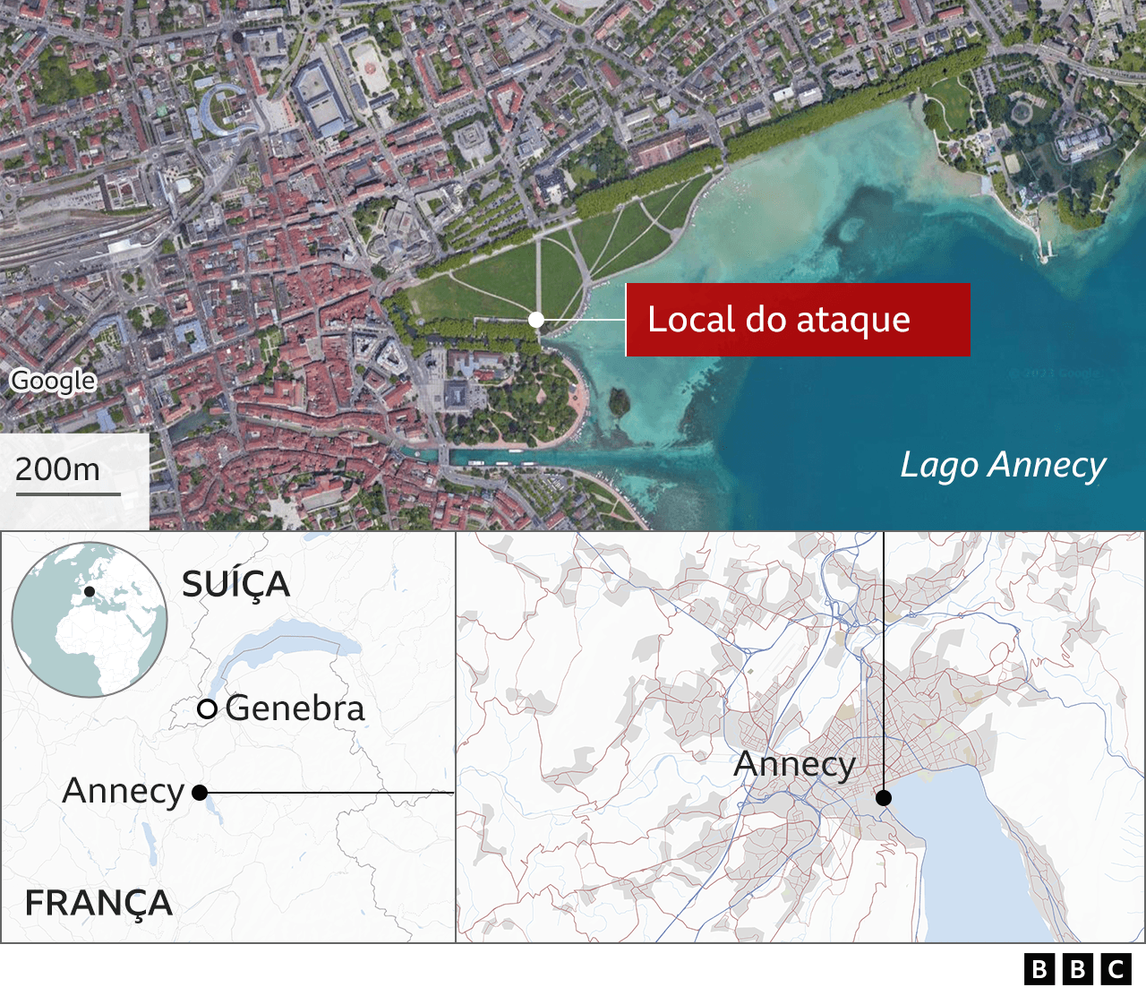 Mapa mostra local do ataque em Annecy, na França