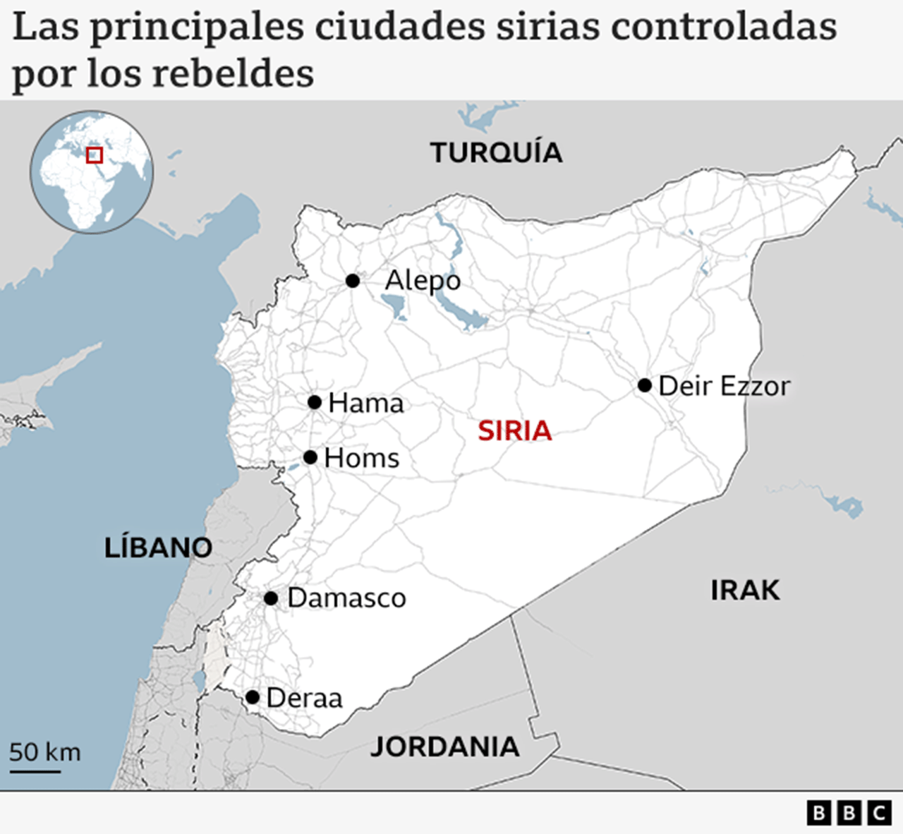 Mapa de ciudades sirias controladas por los rebeldes.