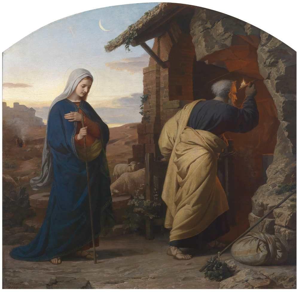 Maria e José buscando um local para o nascimento de Jesus, em obra de 1869 feita por Michael Rieser