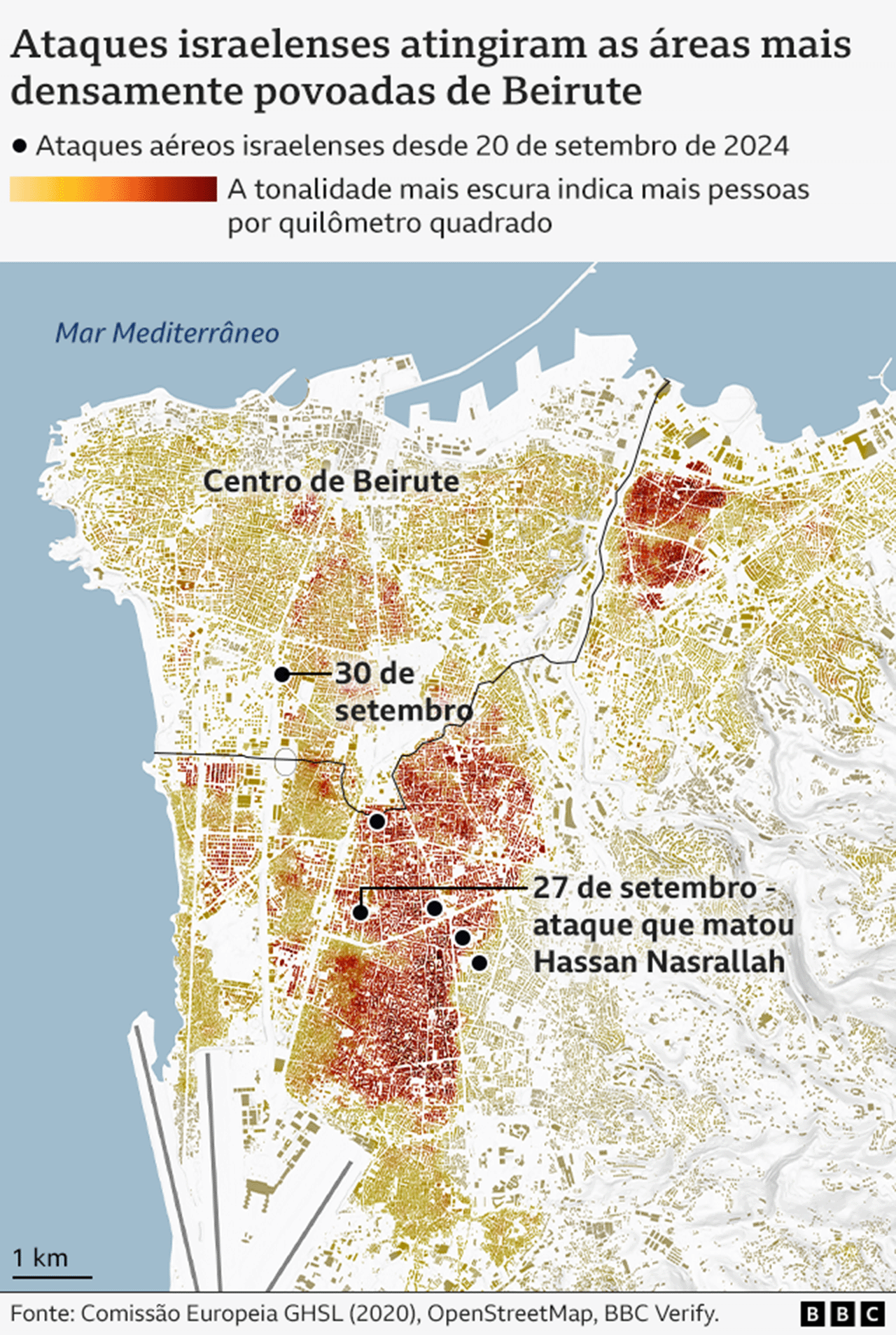 Mapa mostrando a densidade populacional de Beirute e destacando os locais de alguns ataques israelenses na capital libanesa.