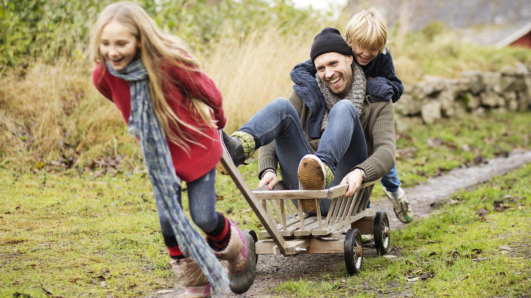 A father playing with his two children in a field