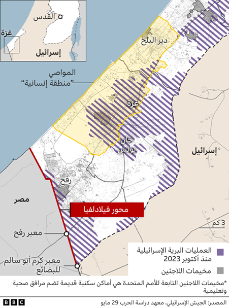 خريطة لقطاع غزة تظهر مواقع العمليات الإسرائيلية البرية منذ أكتوبر 2023 ومخيمات اللاجئين