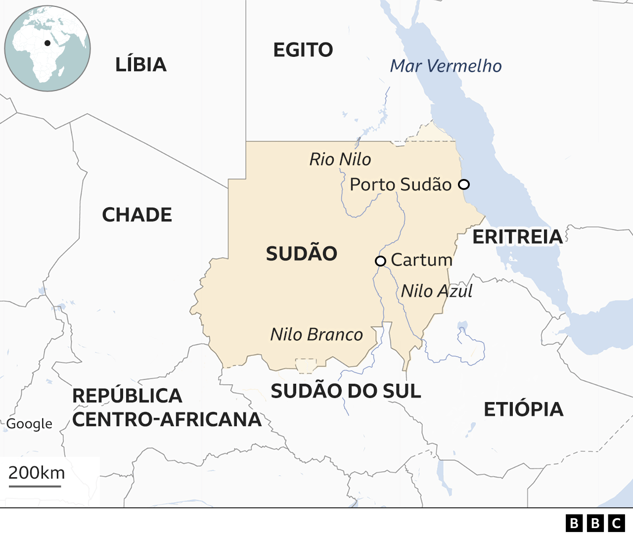 Mapa mostrando o Sudão e países vizinhos