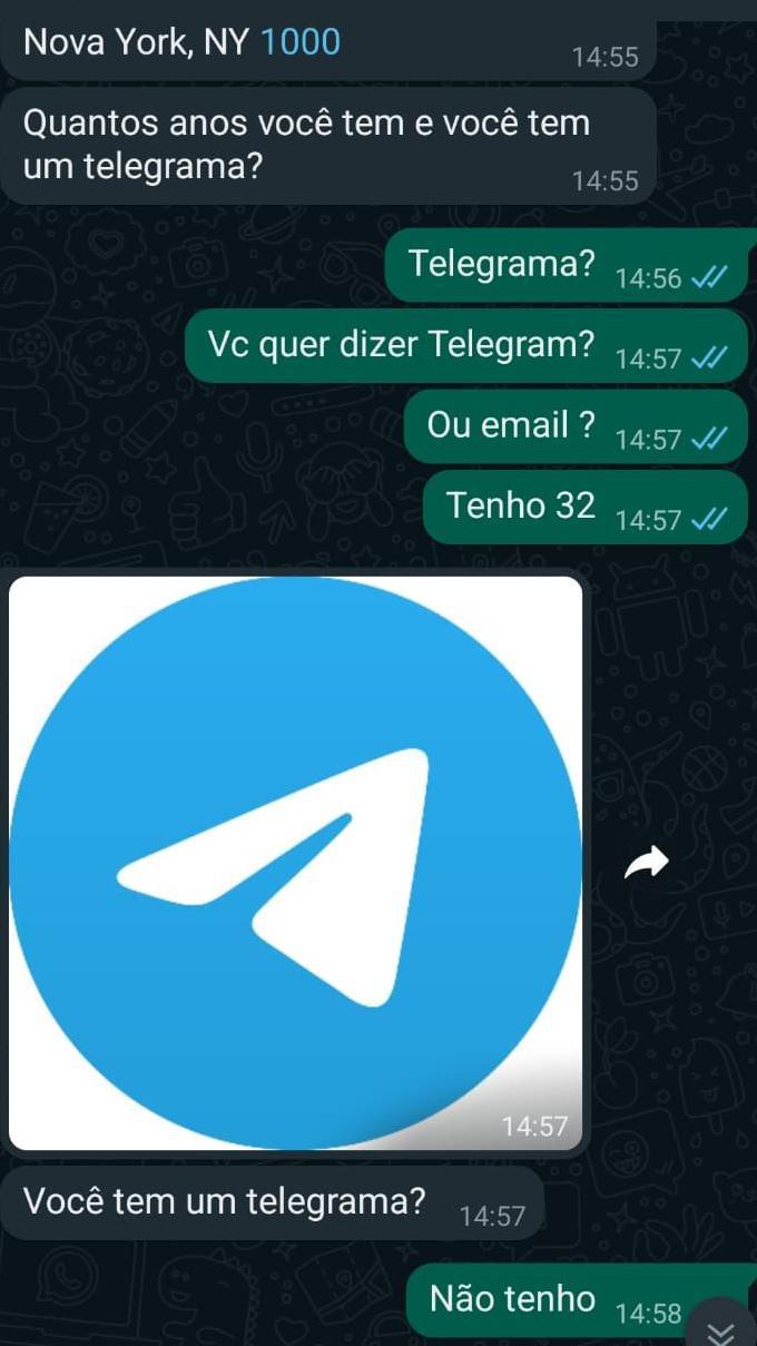 Mensagem mostra criminoso tentando encaminhar brasileira para grupo do telegramOutra mensagem mostra criminoso tentando encaminhar brasileira para grupo do telegram