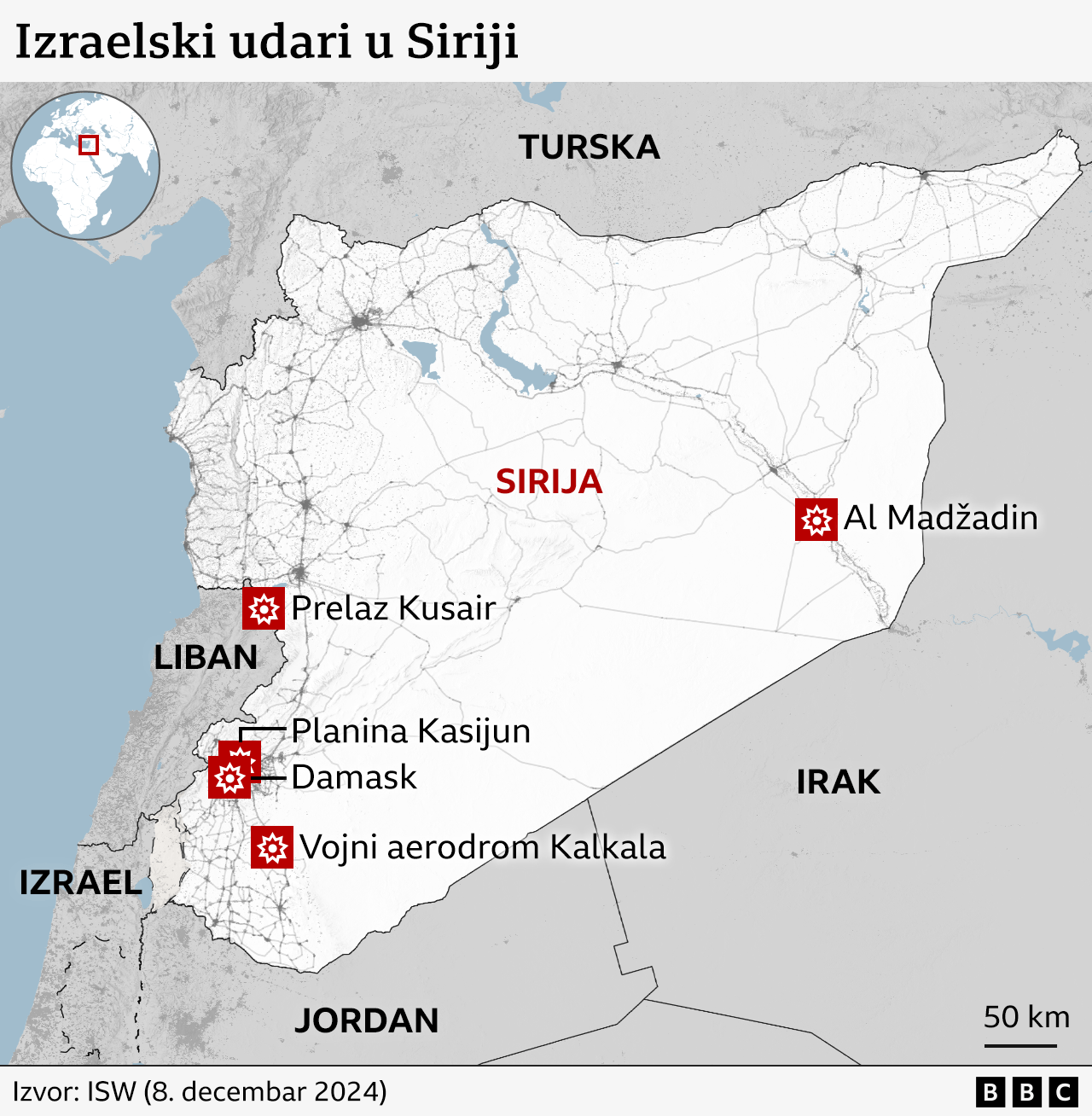 Mapa izraelskih udara na Siriju