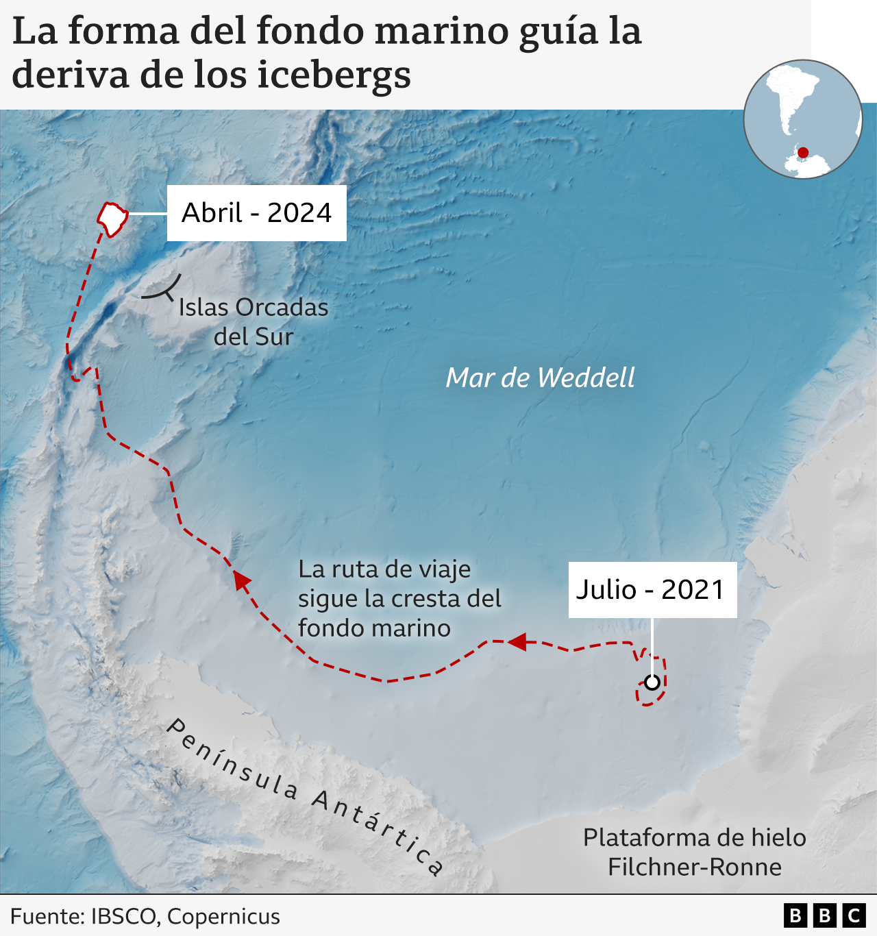 Trayectoria del A23a desde 2021 hasta hoy