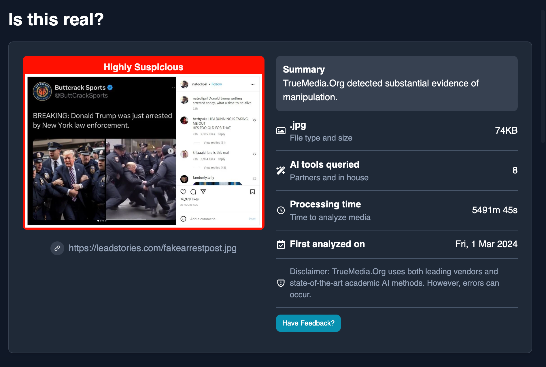 Reprodução de tela da ferramenta True Media,  que mostram imagens falsas do ex-presidente Donald Trump sendo preso em Nova York, conteúdo é classificado como 'altamente suspeitas'  — com 'evidência significativa de manipulação'