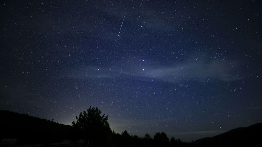 Kvadrantidne meteorske pruge preko neba tokom noći. Silueta drveća i brda u prvom planu.