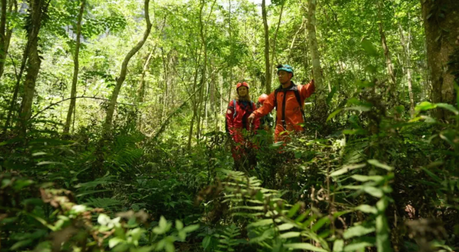 Duas pessoas no meio da vegetação, vestindo roupas vermelhas com equipamentos de proteção, incluindo capacete