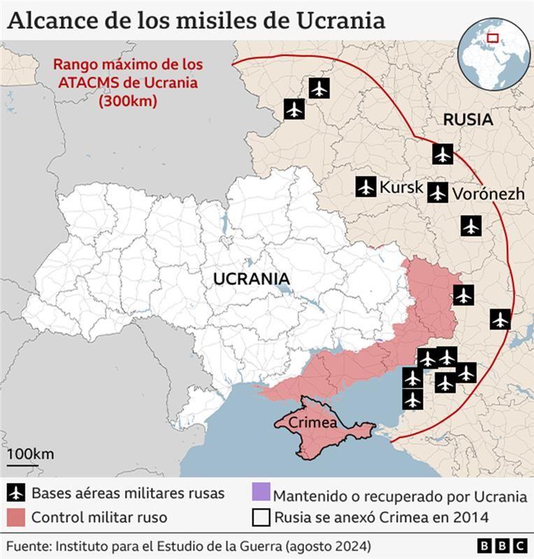 Mapa que marca el alcance de los misiles de Ucrania. 