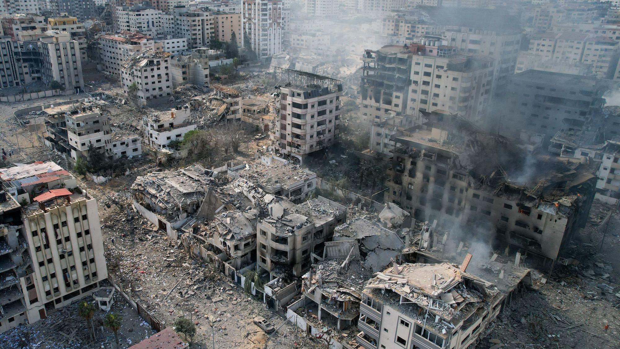 aerial view of destroyed buildings in Gaza