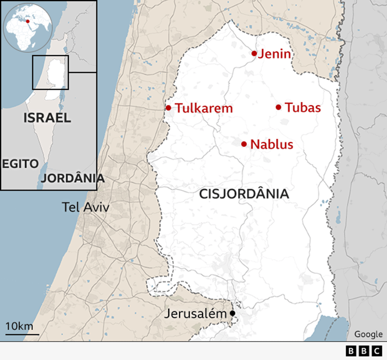 Mapa mostrando as cidades de Jenin, Tulkarem, Nablus e Tubas, onde as forças israelenses realizaram ataques.