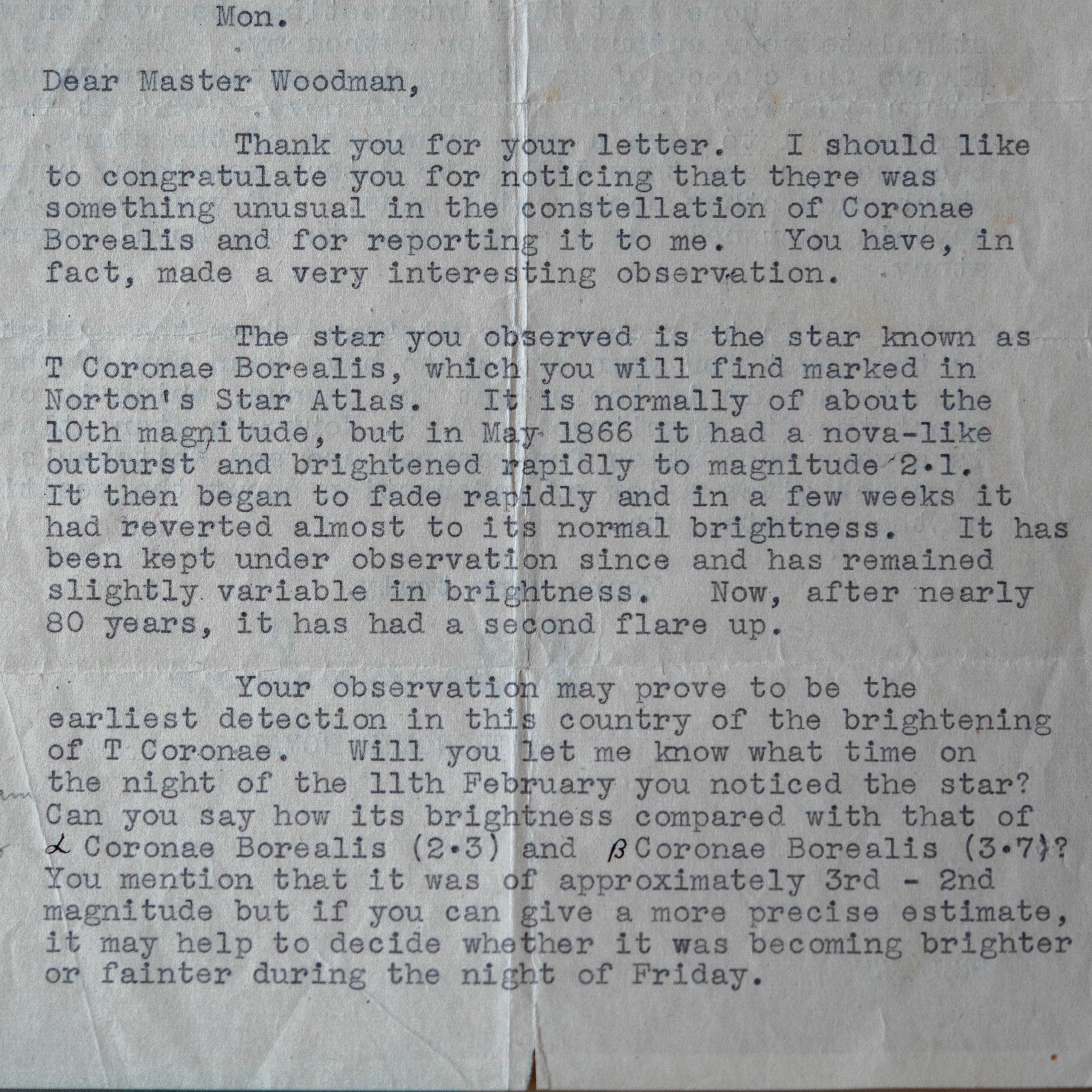 Carta del astrónomo real enviada a Michael Woodman en 1946 