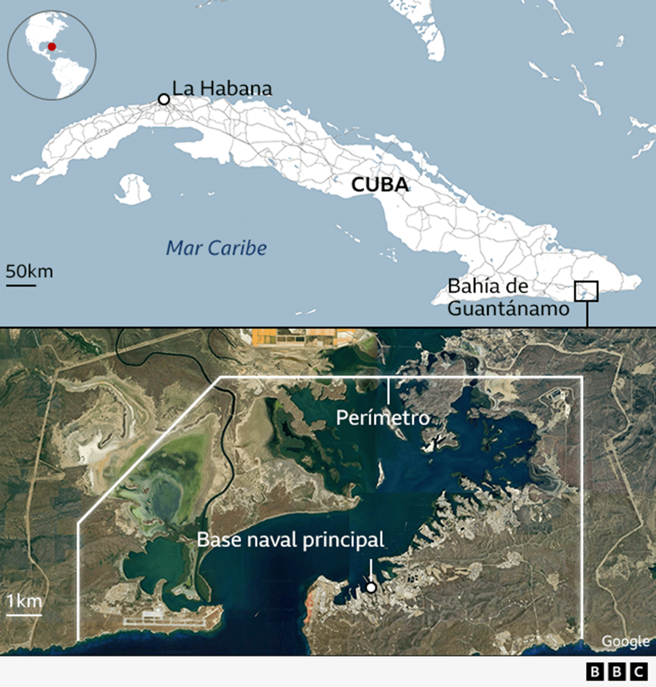 Mapa de la ubicación de la Base Naval de Guantánamo.