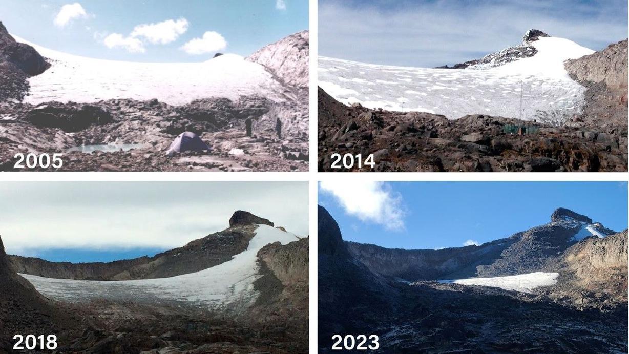 Foto comparativa que muestra la progresiva desaparición del volcán nevado Santa Isabel de 2005 a 2023.