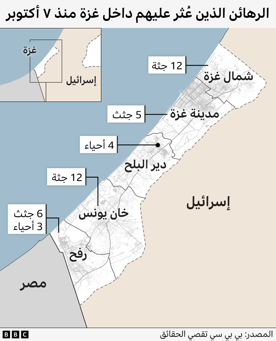 صورة تظهر خريطة غزة و أعداد الرهائن في كل مدينة.