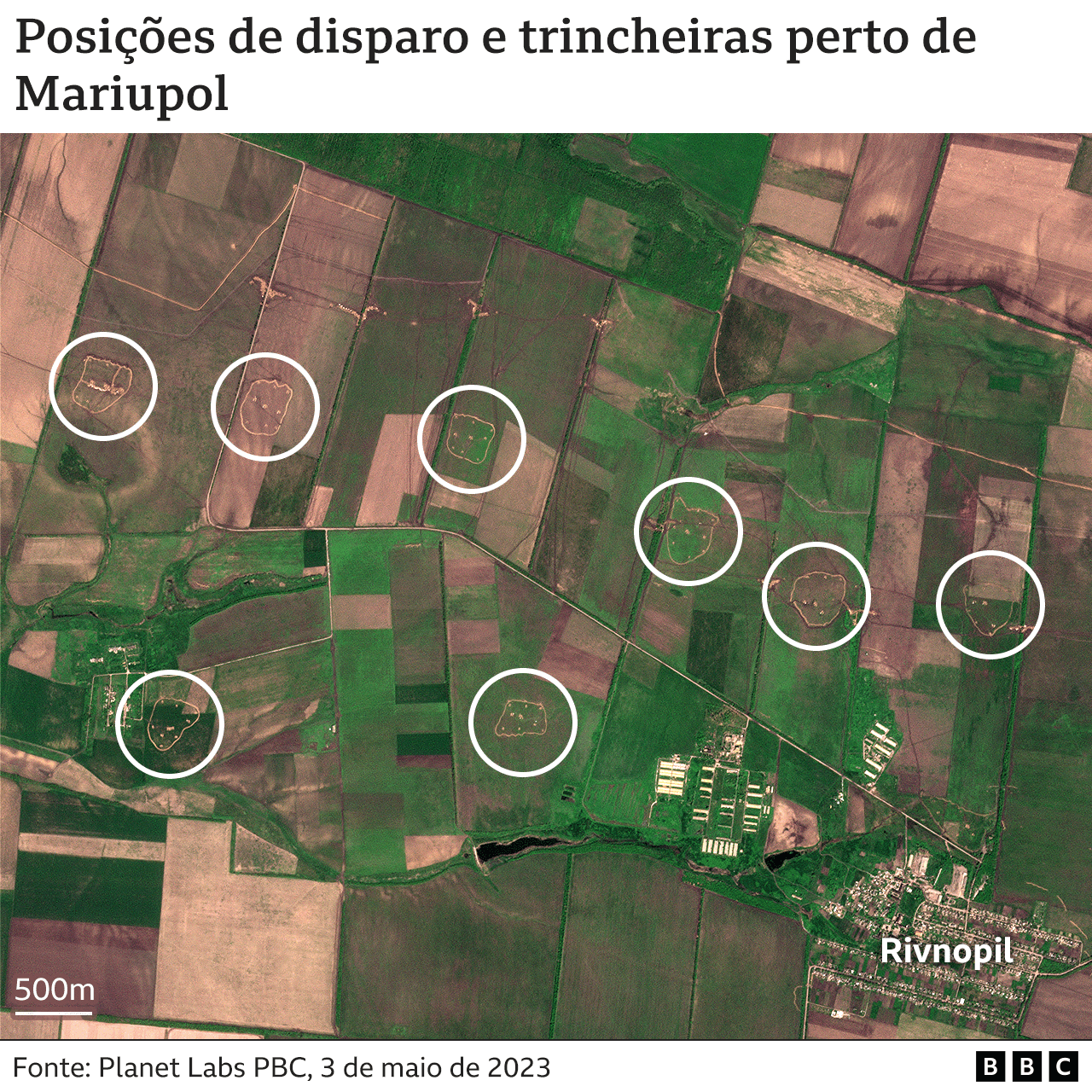 Imagem mostra posições de disparo e trincheiras perto de Mariupol
