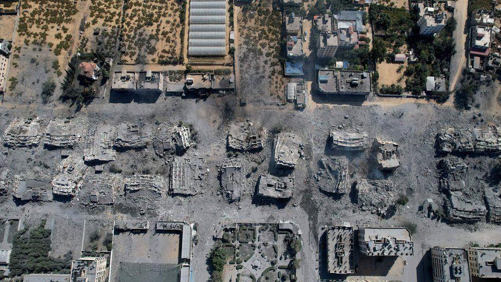 Destroyed tower blocks in Al Zahra neighbourhood in Gaza