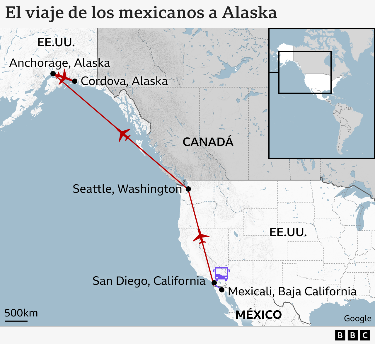 Mapa con la ruta de los mexicanos que viajan a Alaska.