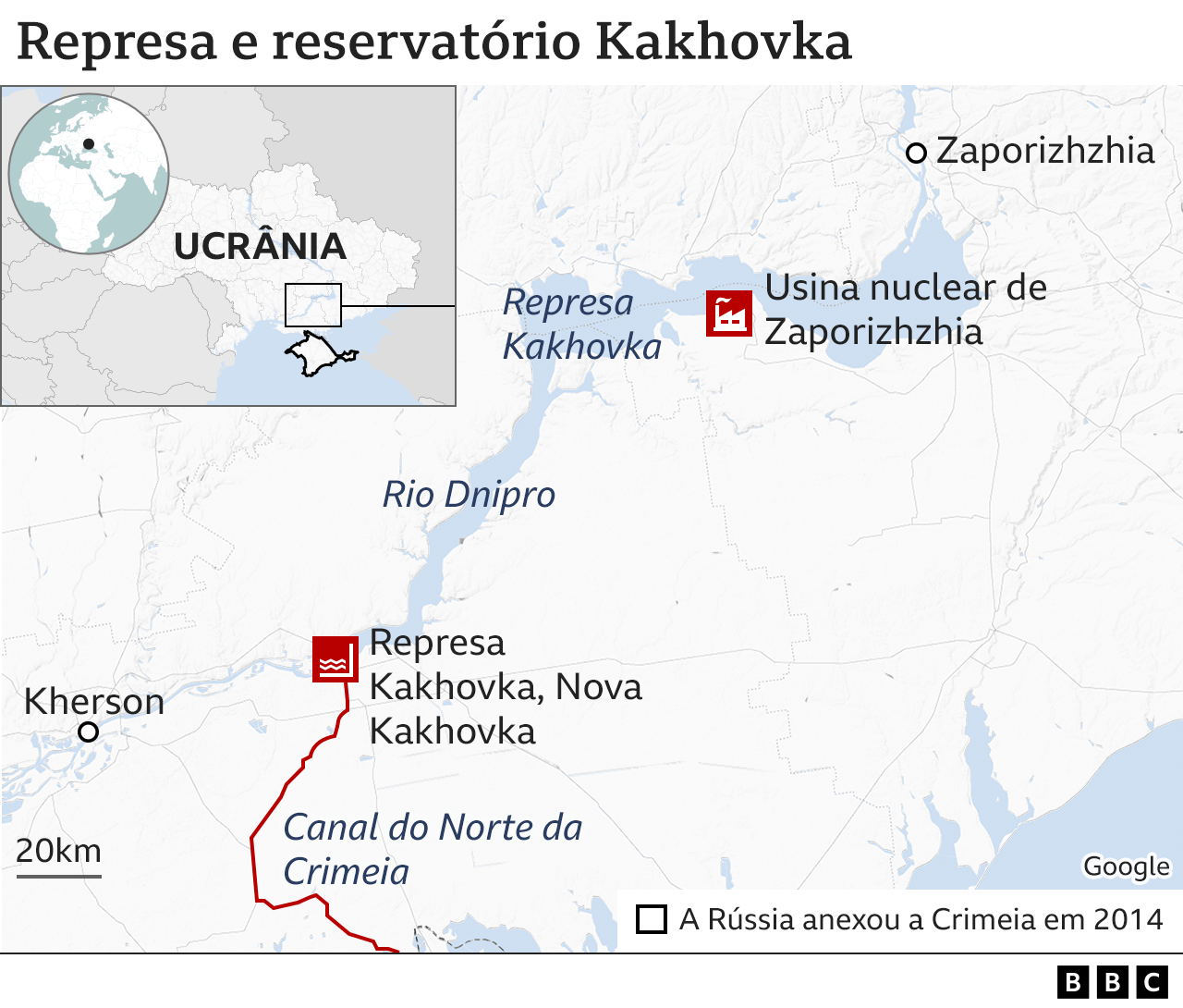 Mapa ilustrando a rota do Canal do Norte da Crimeia e a central nuclear de Zaporizhzhia