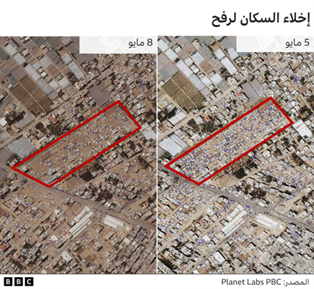 رفح بين 5 مايو و8 مايو، صورة تظهر إخلاء السكان لرفح