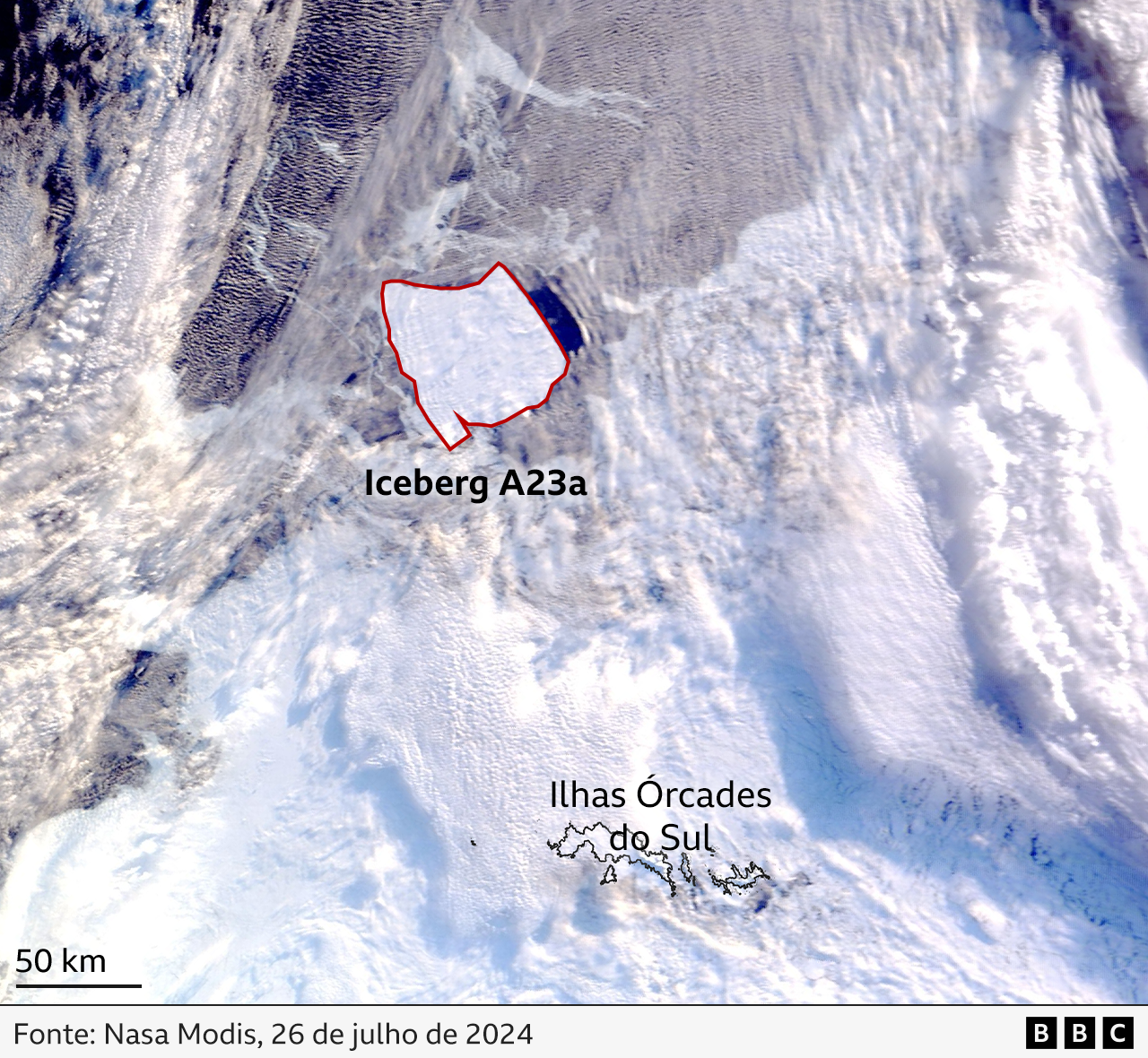 Imagem de satélite mostra o imenso iceberg no mapa ao norte da Antática