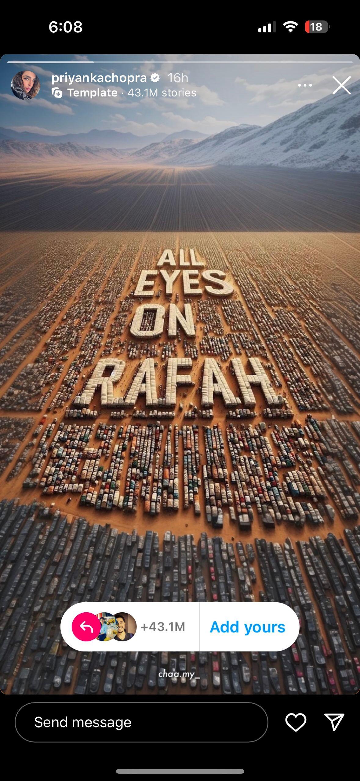 Publicación de Priyanka Chopra en Instagram de la imagen con el lema 'Todos los ojos puestos en Rafah'
