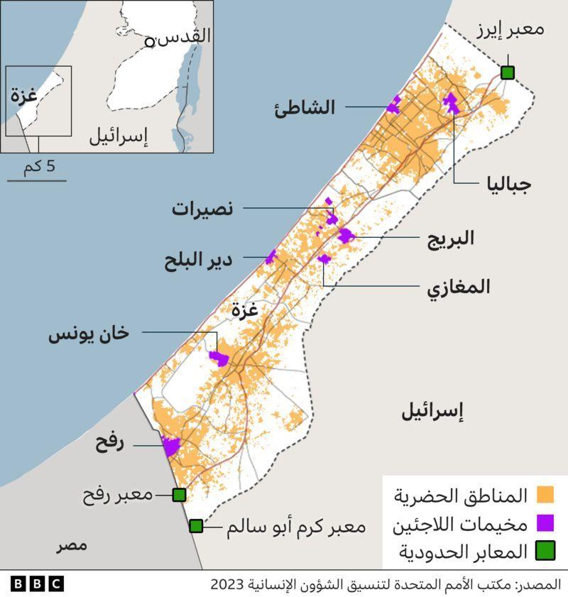 خريطة توضيحية لمخيات اللجوء والمعابر الحدودية في قطاع غزة