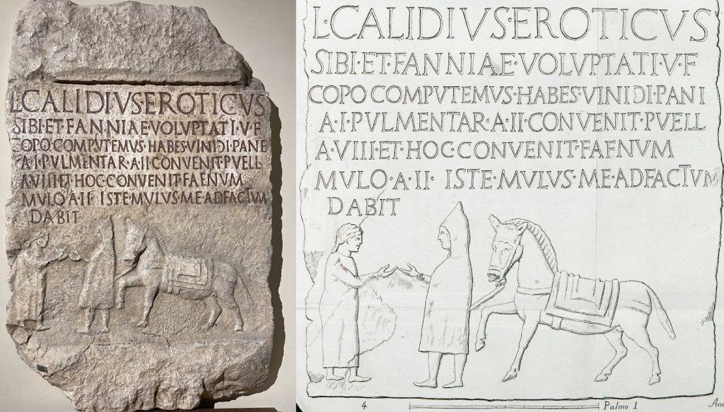 La estela con escrito en latín y la imagen de una mula, un viajero y un tabernero