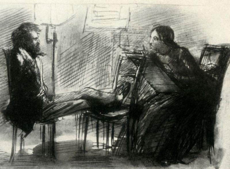 Esboço de Elizabeth Siddal pintando seu marido Dante Gabriel Rossetti