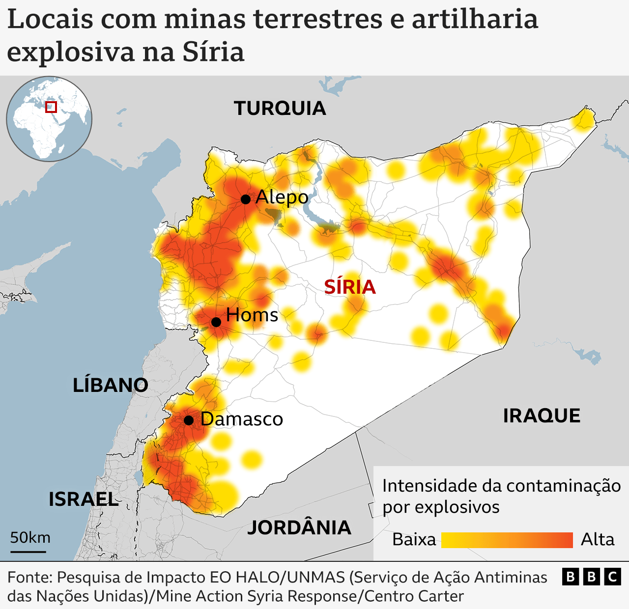 Mapa da Síria com localizações de minas terrestres e explosivas não detonadas