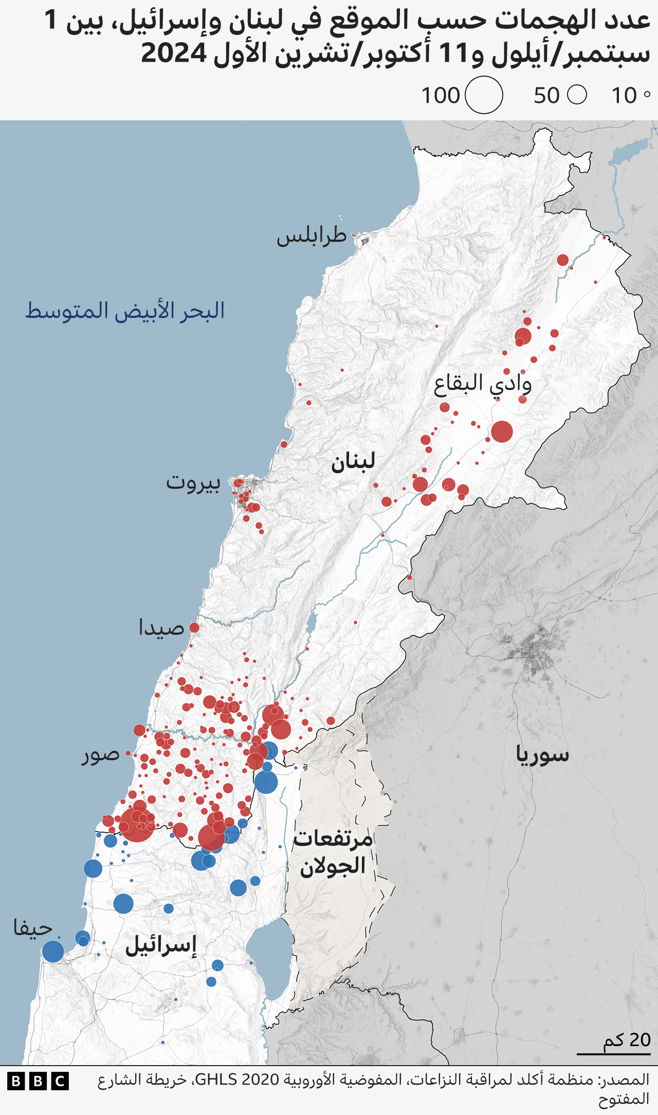 عدد الهجمات حسب الموقع في لبنان وإسرائيل بين 1 سبتمبر/أيلول و11 أكتوبر/تشرين الأول 2024