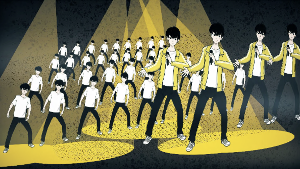Ilustração de fila após fila de cantores e dançarinos j-pop idênticos