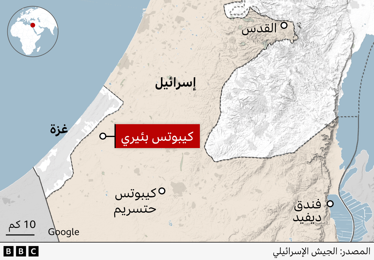 خريطة تظهر كيبوتس بئيري وموقعها فيما يتعلق بكيبوتس حتسريم وفندق ديفيد - كلها في جنوب إسرائيل 