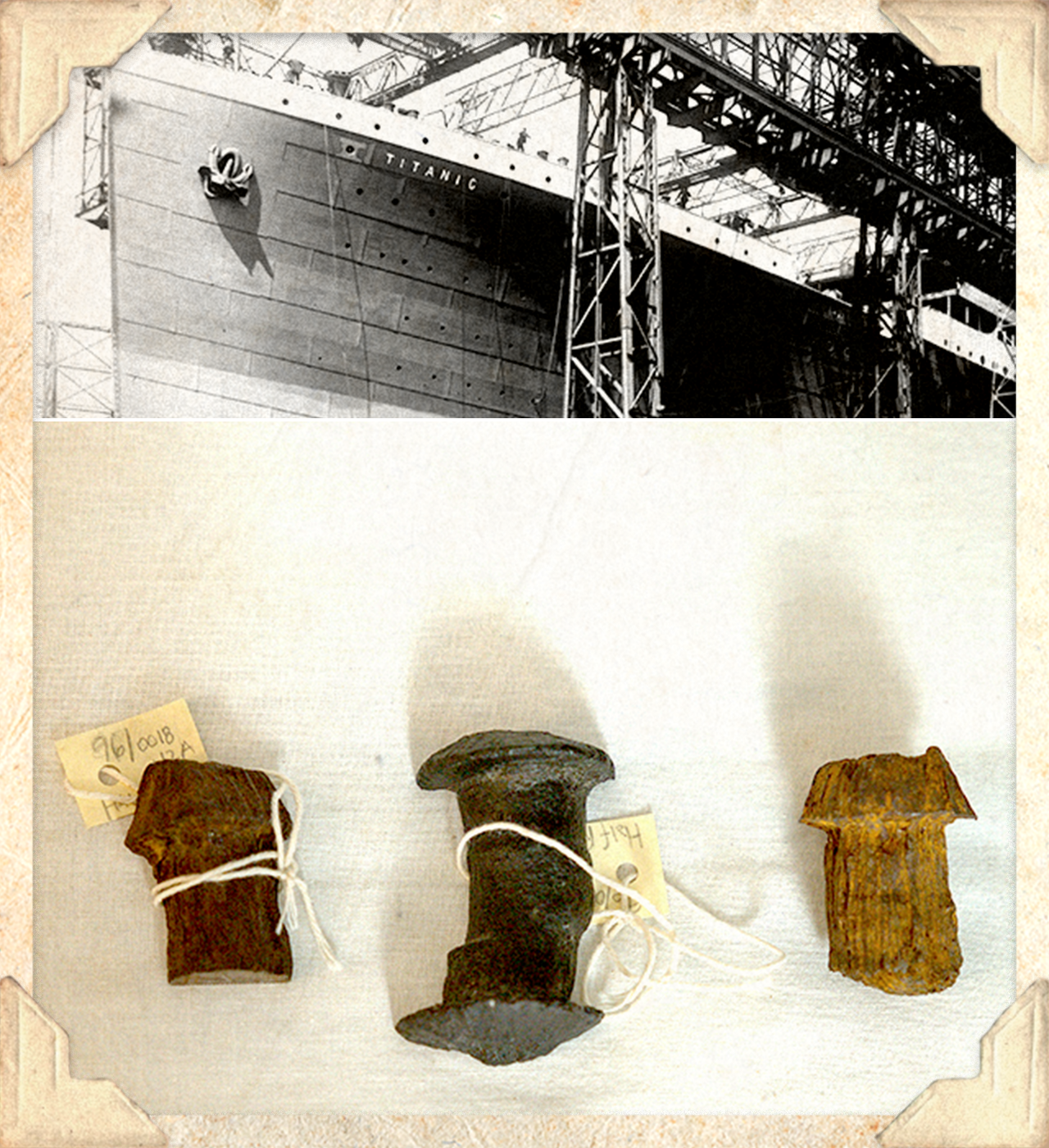 Images of the exterior of the Titanic and three rivets of the ship.